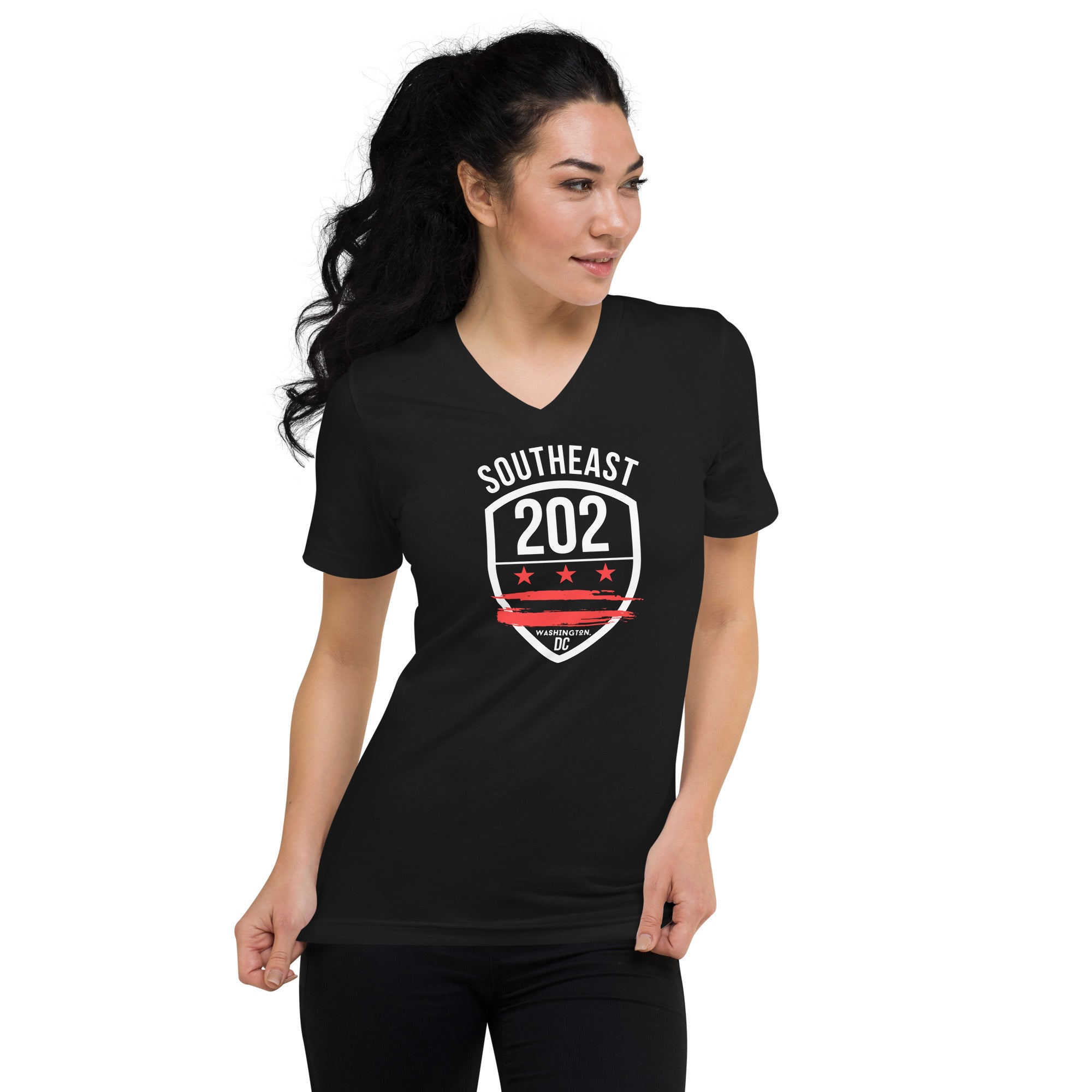 "SOUTHEAST WASHINGTON DC / 202 (Emblem)"  -Black Unisex Short Sleeve V-Neck T-Shirt