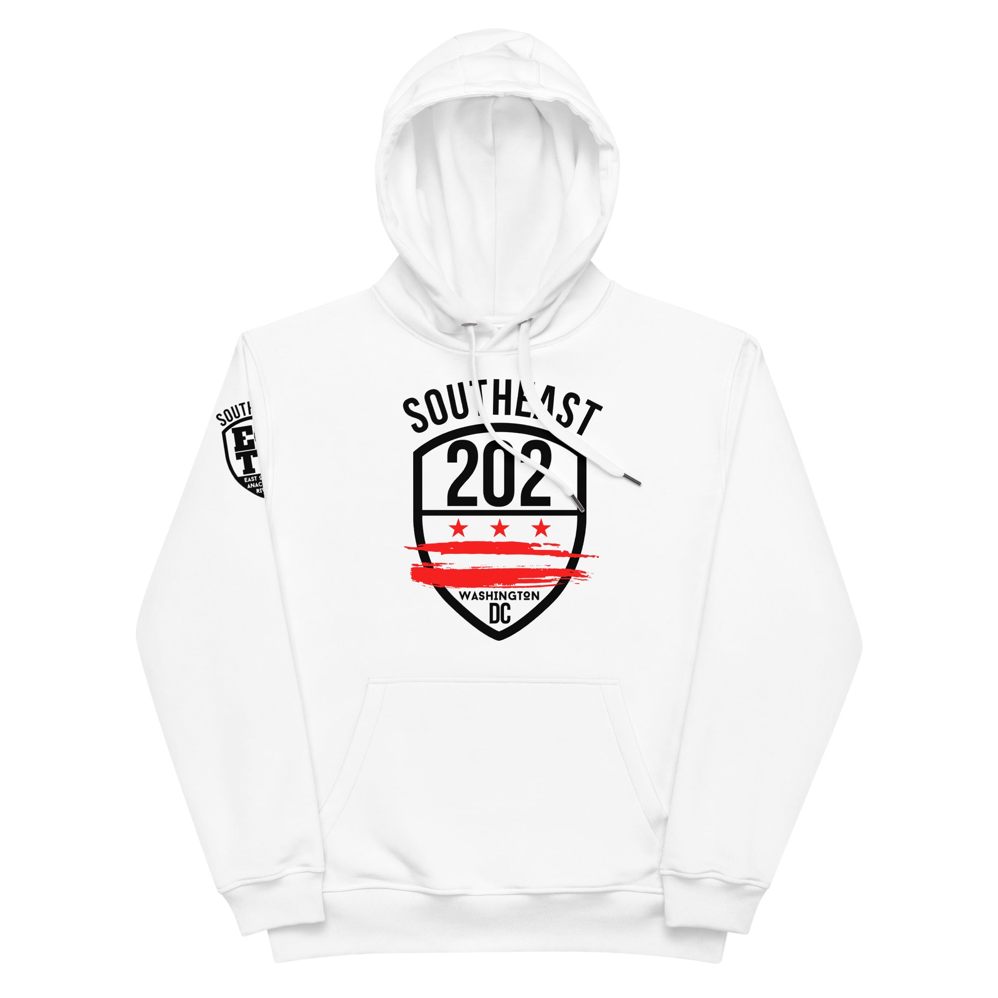 ' SOUTHEAST WASHINGTON DC / 202" (EMBLEM) WHITE Premium eco hoodie (85% Cotton)